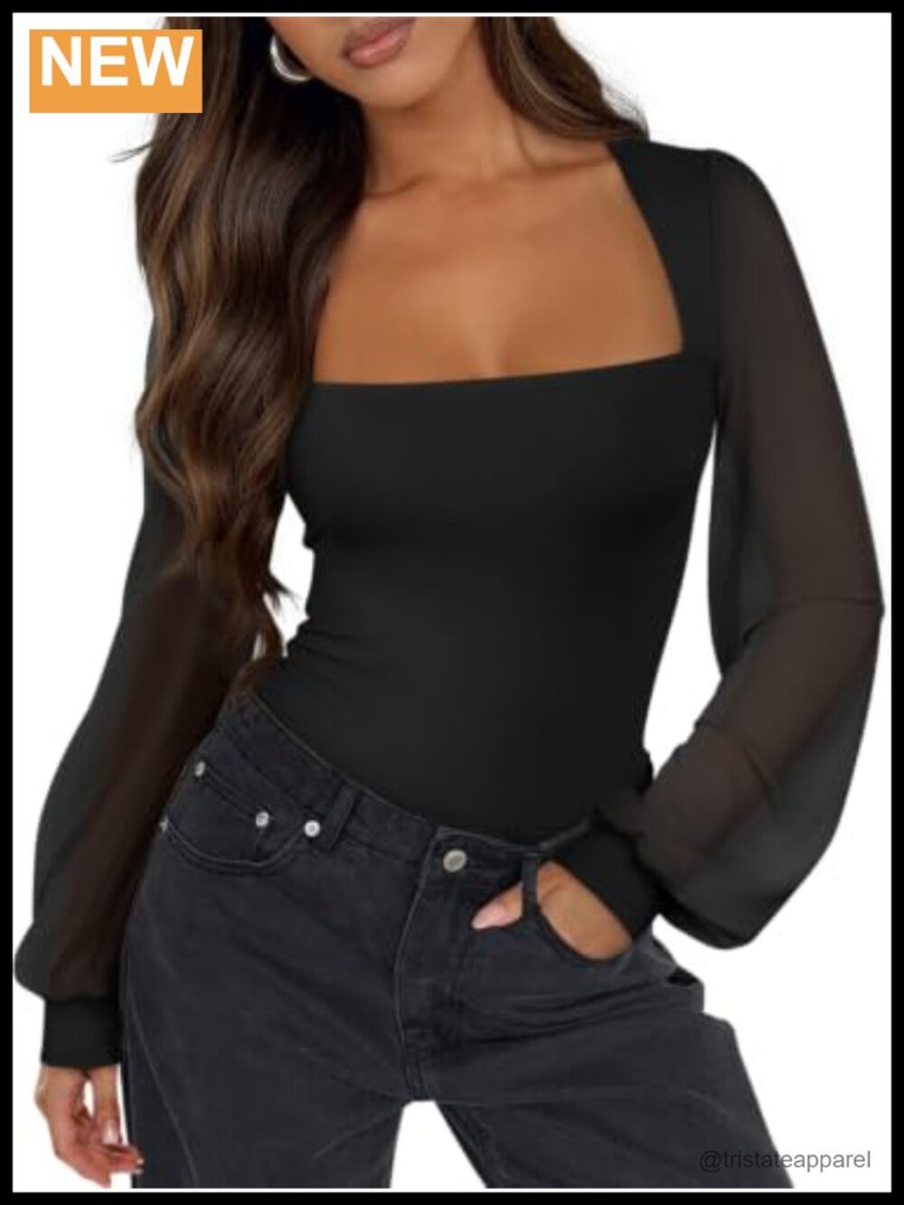 Women Square Neck Double Lined Mesh Long Sleeve Bodysuit Top Puff Sleeve